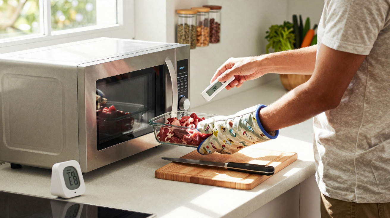 Pessoa a usar luva e termómetro para medir temperatura de carne num recipiente perto do micro-ondas.