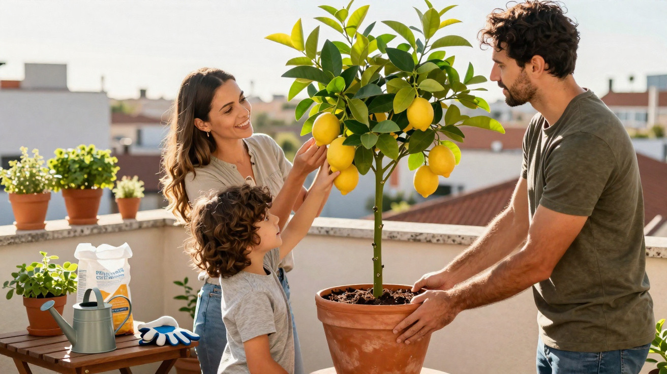 Família cuida de uma árvore de limão num vaso numa varanda com plantas e utensílios de jardinagem.