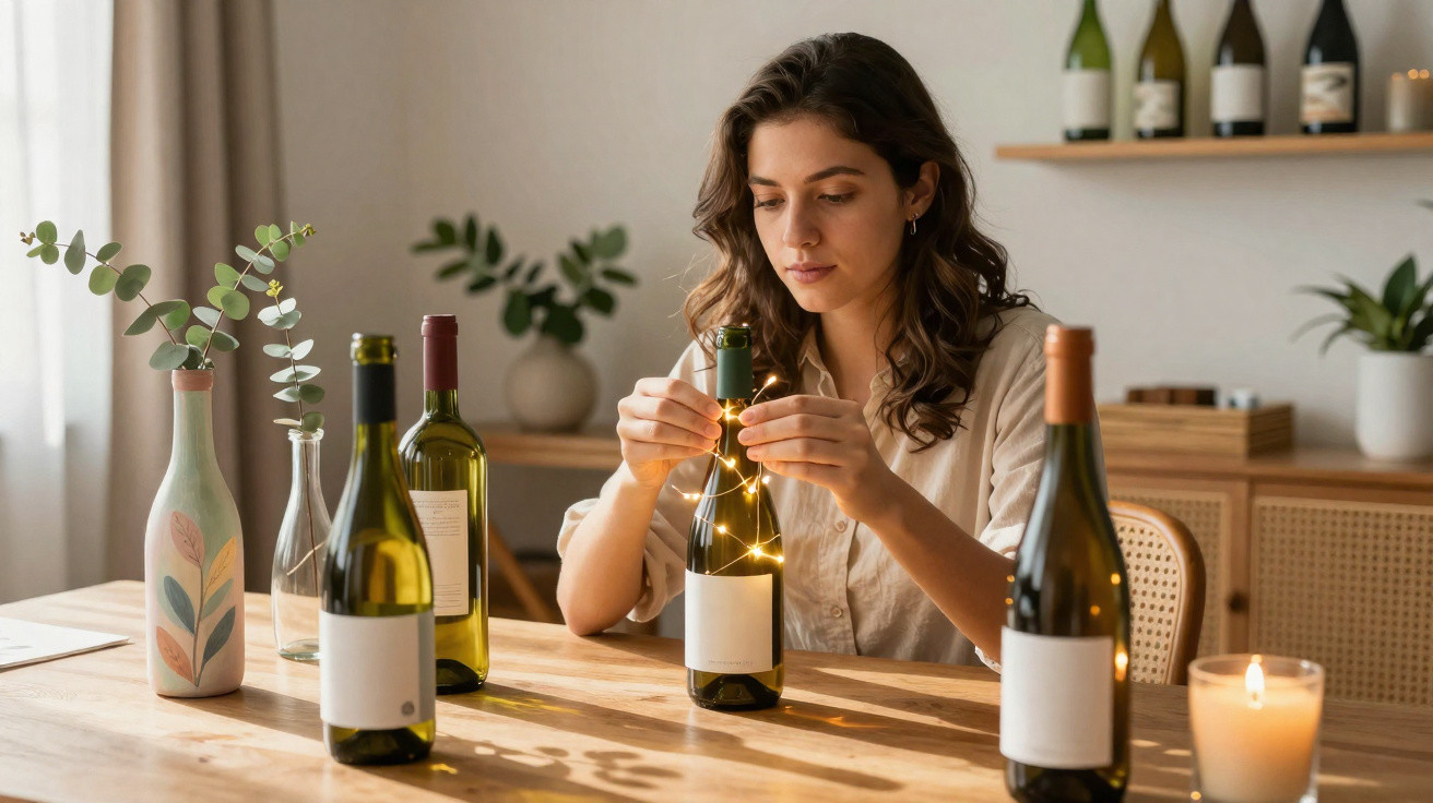 Mulher sentada a decorar garrafas de vinho com luzes de corda numa mesa de madeira em ambiente acolhedor.