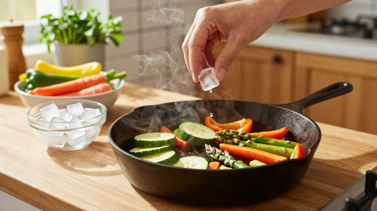 Pessoa a adicionar cubos de gelo a uma frigideira com legumes a cozinhar numa cozinha iluminada.