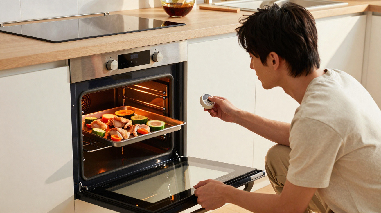 Pessoa a colocar tabuleiro com legumes e carne no forno numa cozinha moderna branca e de madeira.