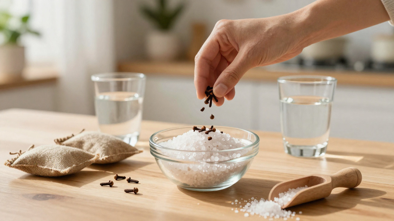 Mão a colocar cravos sobre sal grosso numa tigela de vidro, com dois copos de água e sacos de tecido na mesa.