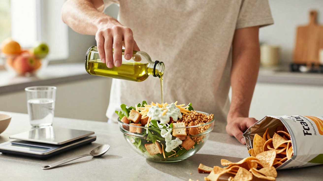 Pessoa a temperar uma salada com azeite numa cozinha moderna, ao lado de uma mesa com snacks.