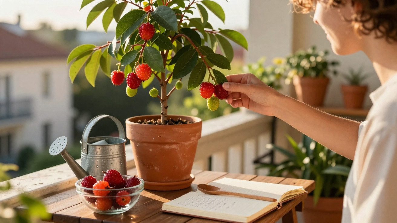 Pessoa a apanhar frutas vermelhas de uma planta em vaso no terraço, com regador e caderno numa mesa de madeira.