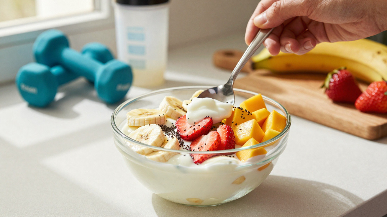 Tigela com iogurte, banana, morango, manga e sementes, ao lado de pesos e batido numa cozinha iluminada.