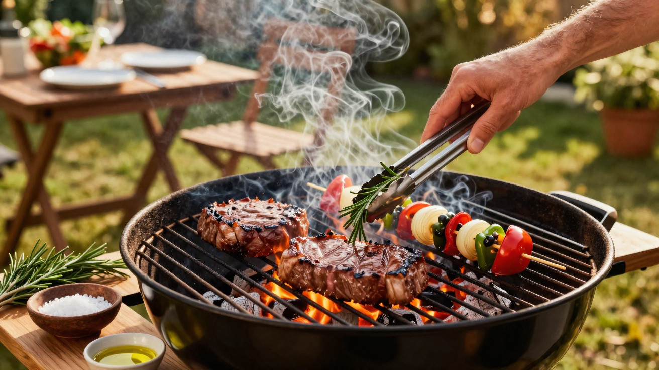 Churrasqueira ao ar livre com bifes e espetadas a grelhar, mão a temperar com ervas aromáticas.