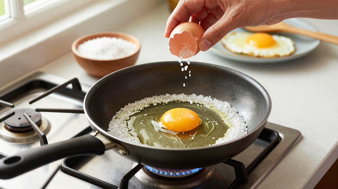 Ovo estrelado a cozinhar na frigideira com sal a ser polvilhado, fogão ligado a gás.