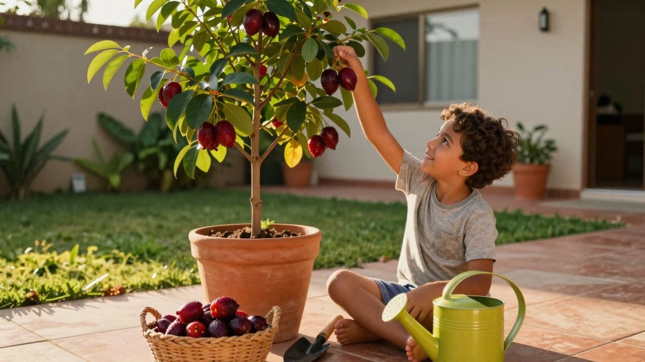 Menino sentado perto de vaso com árvore de fruta, cesto com frutas e regador num pátio ensolarado.