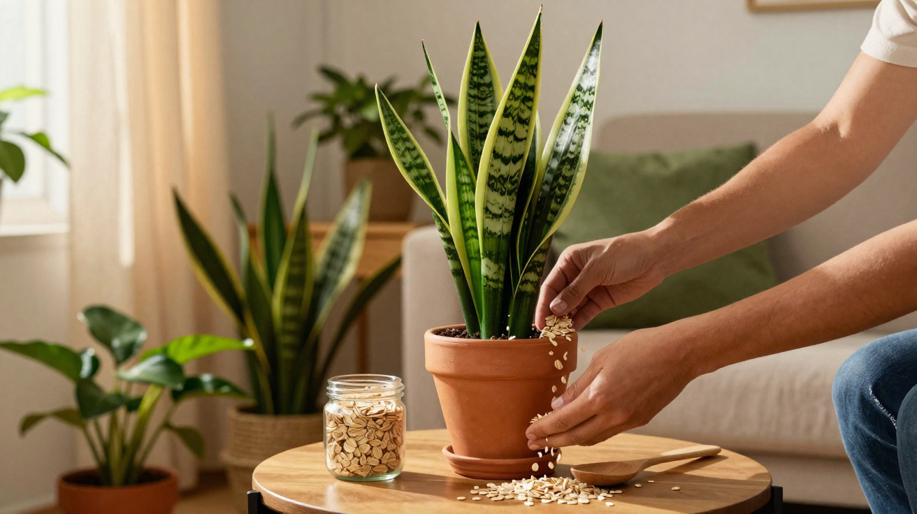 Pessoa a alimentar planta suculenta num vaso de barro sobre mesa com sementes espalhadas.