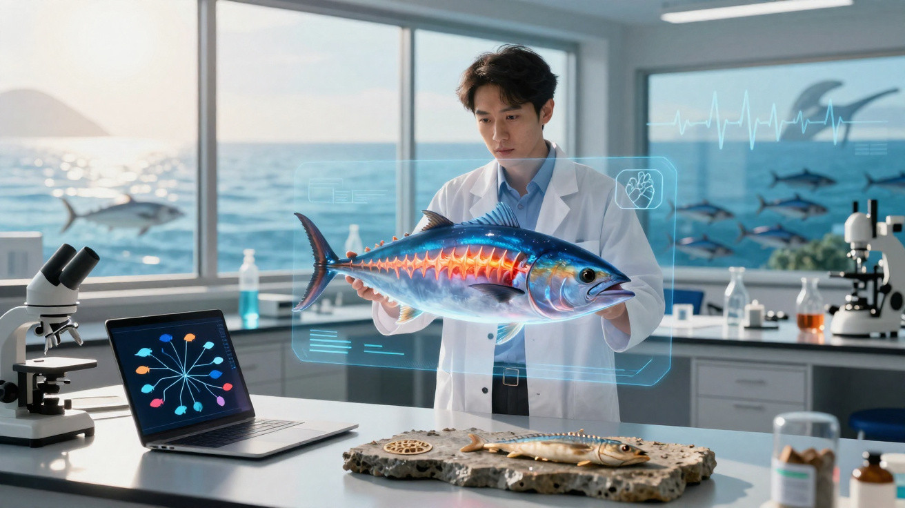 Cientista analisa peixe com projeção digital de órgãos internos num laboratório à beira-mar.
