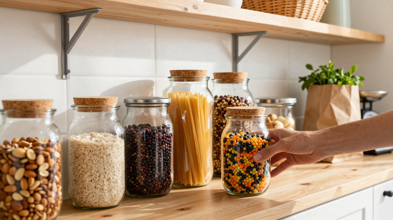 Linha de frascos de vidro com tampas de cortiça contendo alimentos secos num balcão de cozinha.