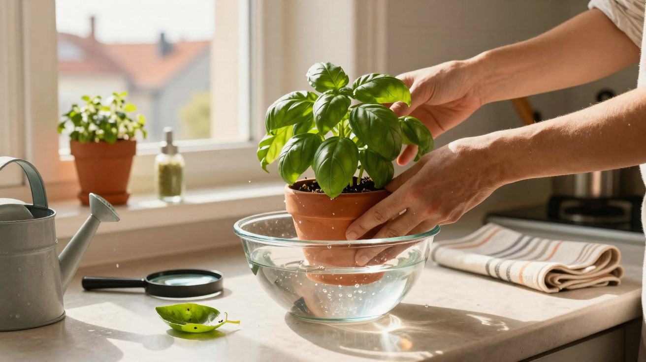 Mãos a mergulhar vaso de manjericão em água numa cozinha iluminada pela luz natural junto a uma janela.