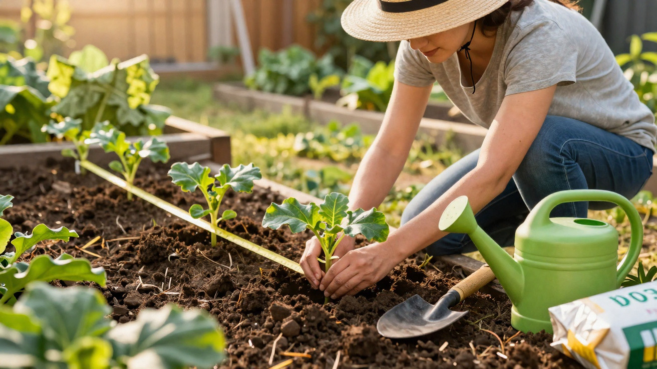 Mulher com chapéu a plantar uma muda num jardim com terra e regador verde ao lado.