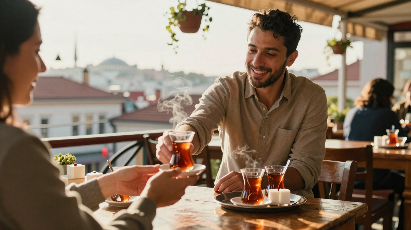 Casal sorridente a partilhar chá quente numa esplanada com vista para a cidade ao entardecer.