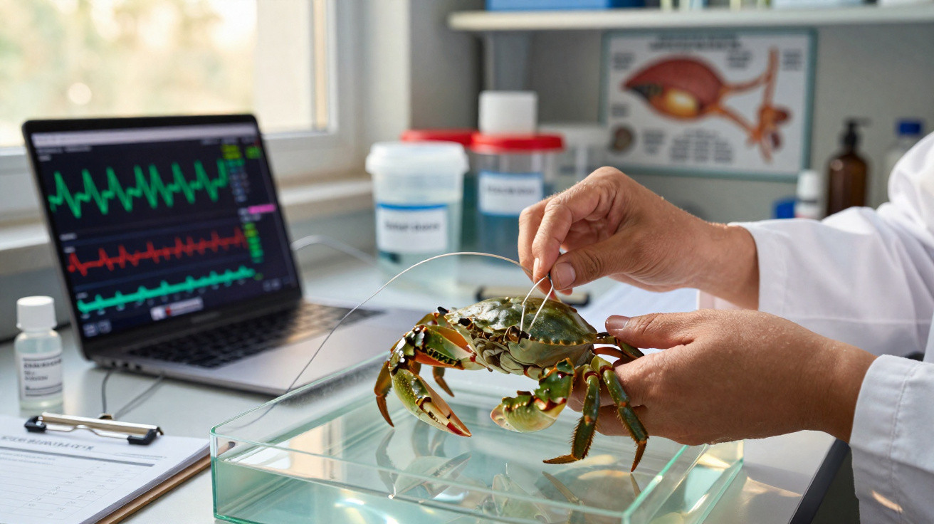 Cientista a colocar eletrodos num caranguejo para monitorizar sinais vitais em laboratório.