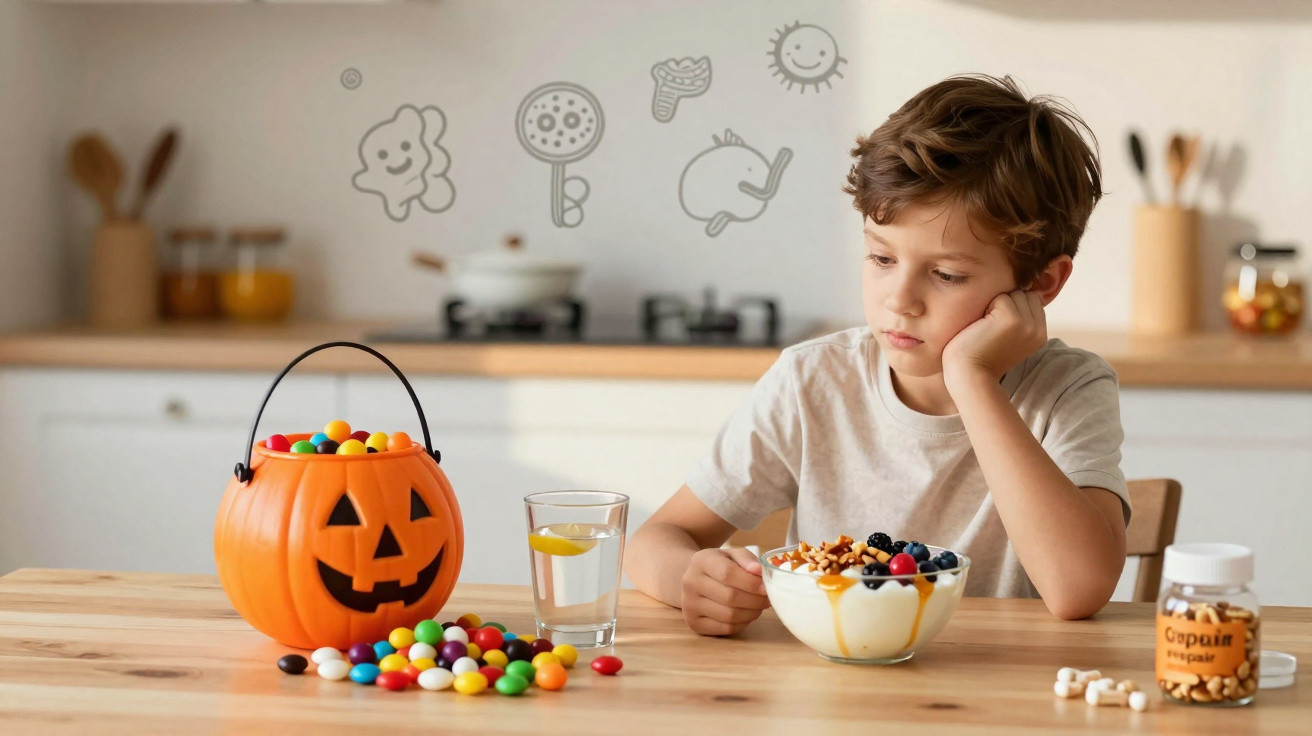 Criança triste à mesa com tigela de iogurte e doces coloridos num balde de abóbora de Halloween.