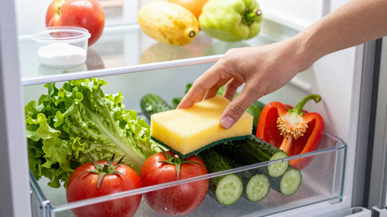 Mão a colocar uma esponja amarela com verde na gaveta do frigorífico com vários legumes frescos.