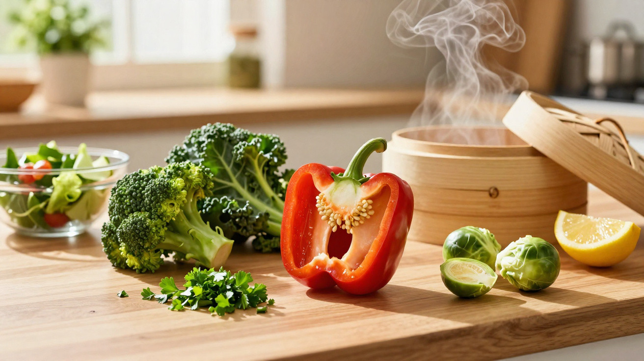 Legumes frescos e ervas sobre bancada de cozinha com vapores a sair de recipiente de bambu.