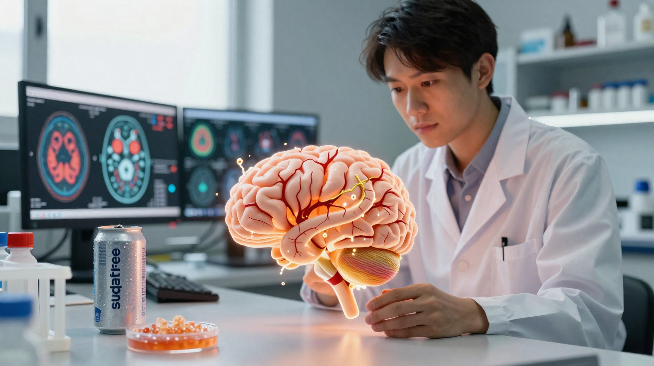 Cientista em laboratório a analisar modelo 3D do cérebro com imagens cerebrais em ecrãs ao fundo.