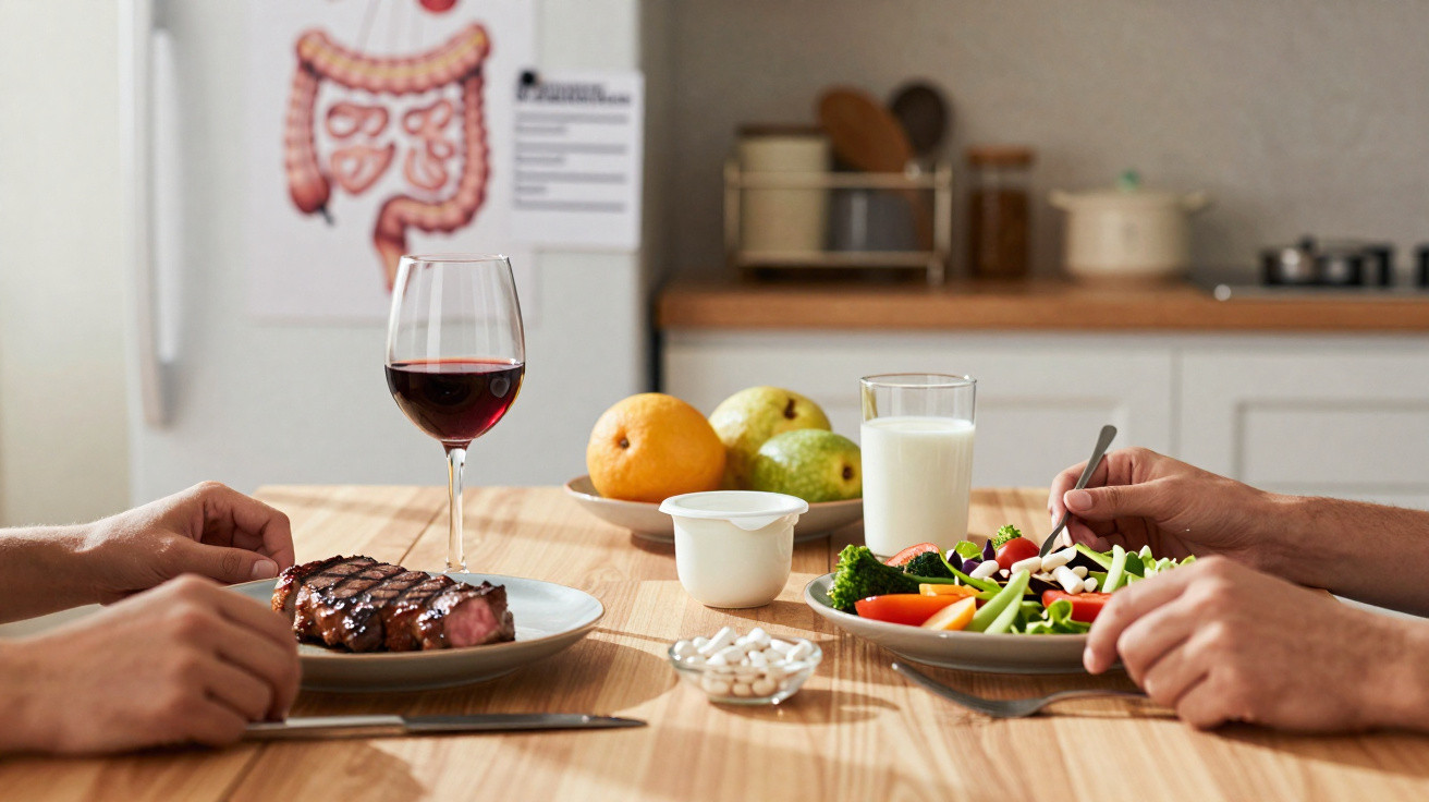 Duas pessoas à mesa com refeição diversificada, incluindo bife, salada, vinho e suplementos alimentares.