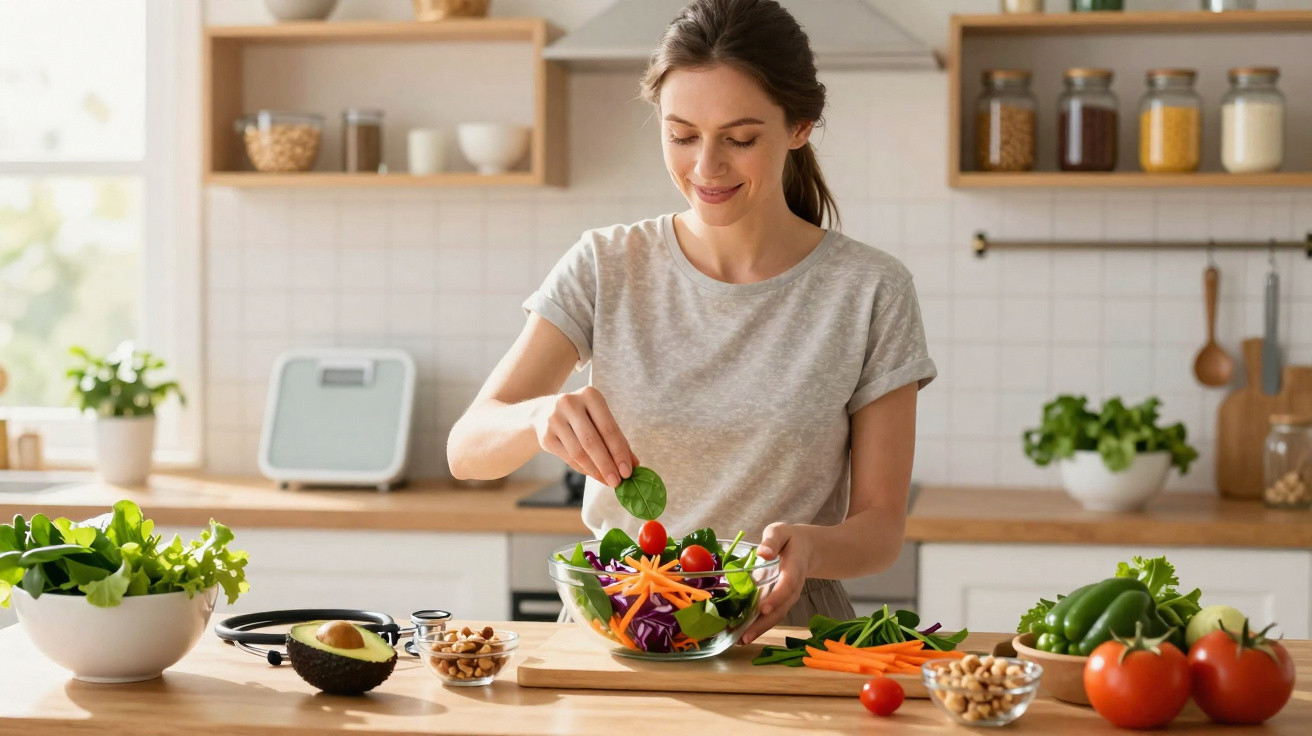 Mulher a preparar salada fresca com legumes numa cozinha luminosa e moderna.