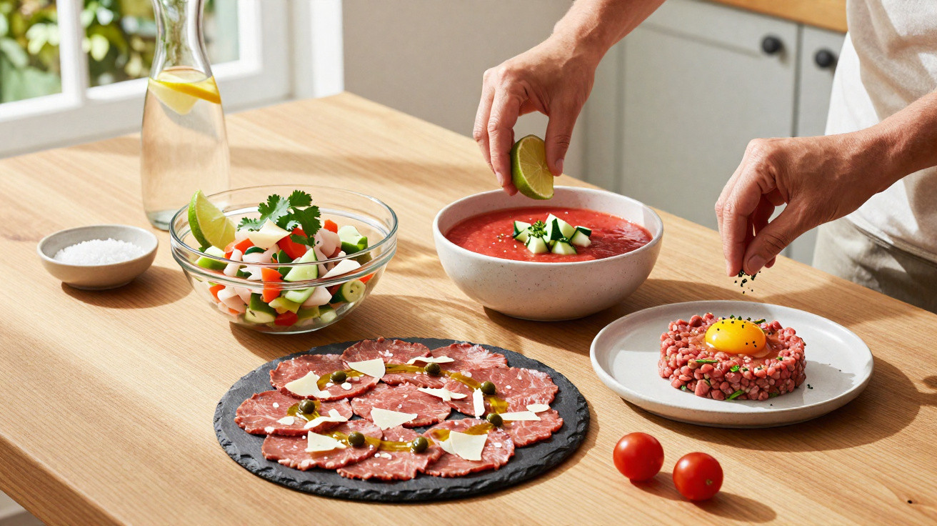 Mãos a temperar sopa, carne crua com gema, carpaccio e salada fresca numa mesa de cozinha iluminada.
