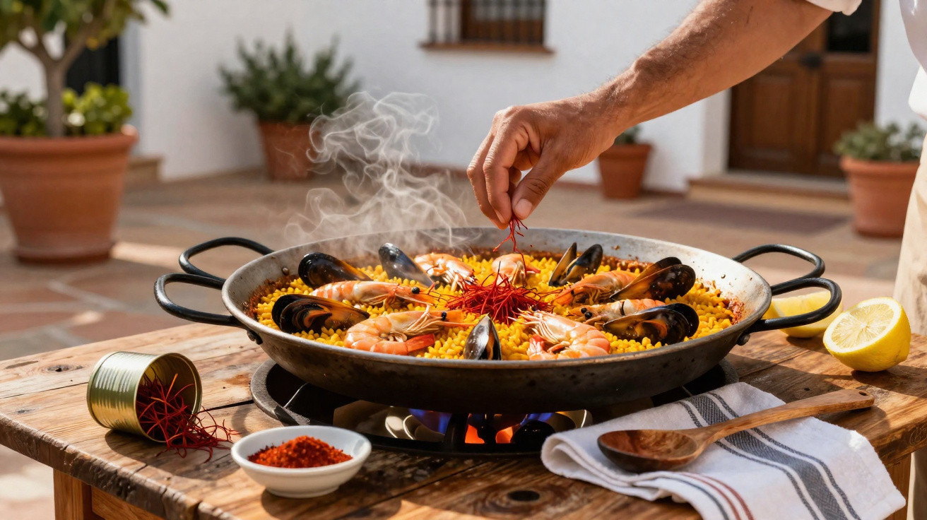 Paella de marisco com camarões e mexilhões a ser temperada com fios de açafrão num tacho ao ar livre.