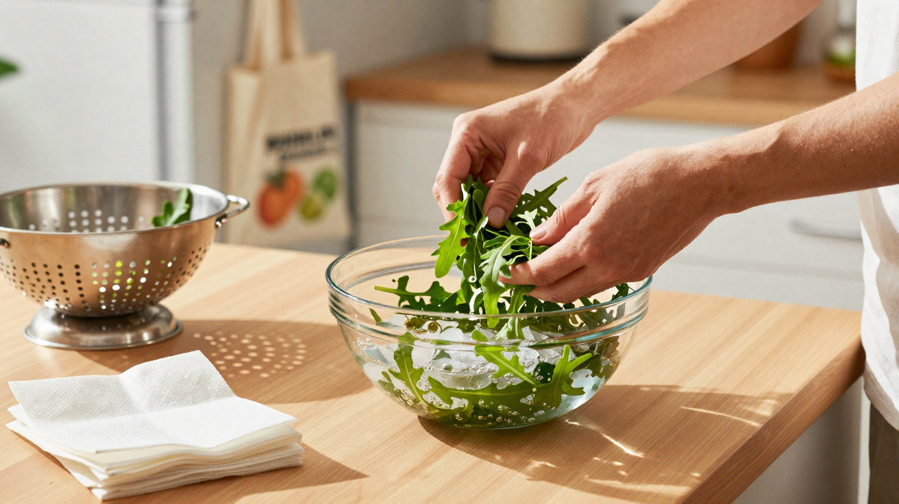 Pessoas a lavar folhas verdes numa taça de vidro com água numa cozinha luminosa.