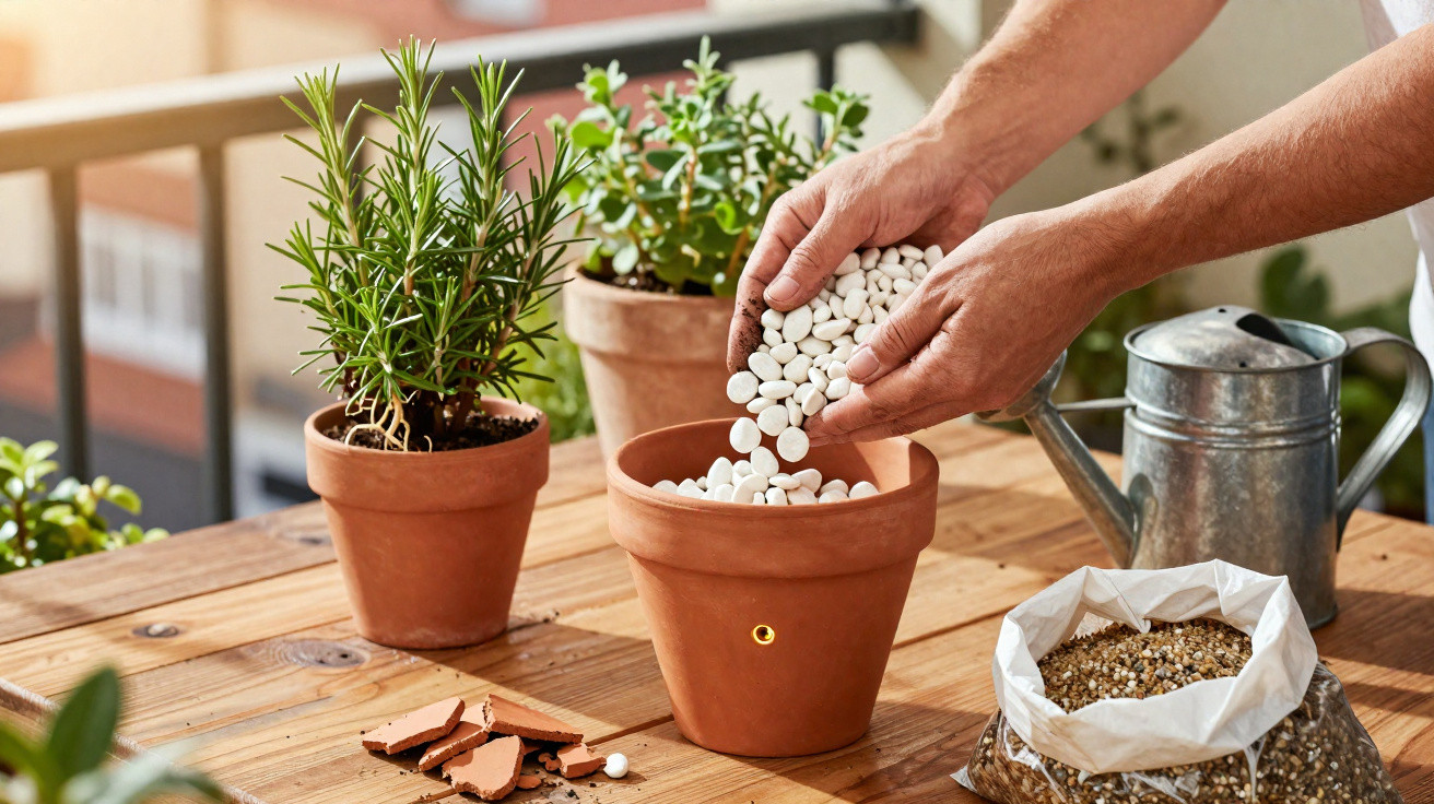 Pessoa a adicionar fertilizante em pó em vaso de barro para plantas numa varanda.