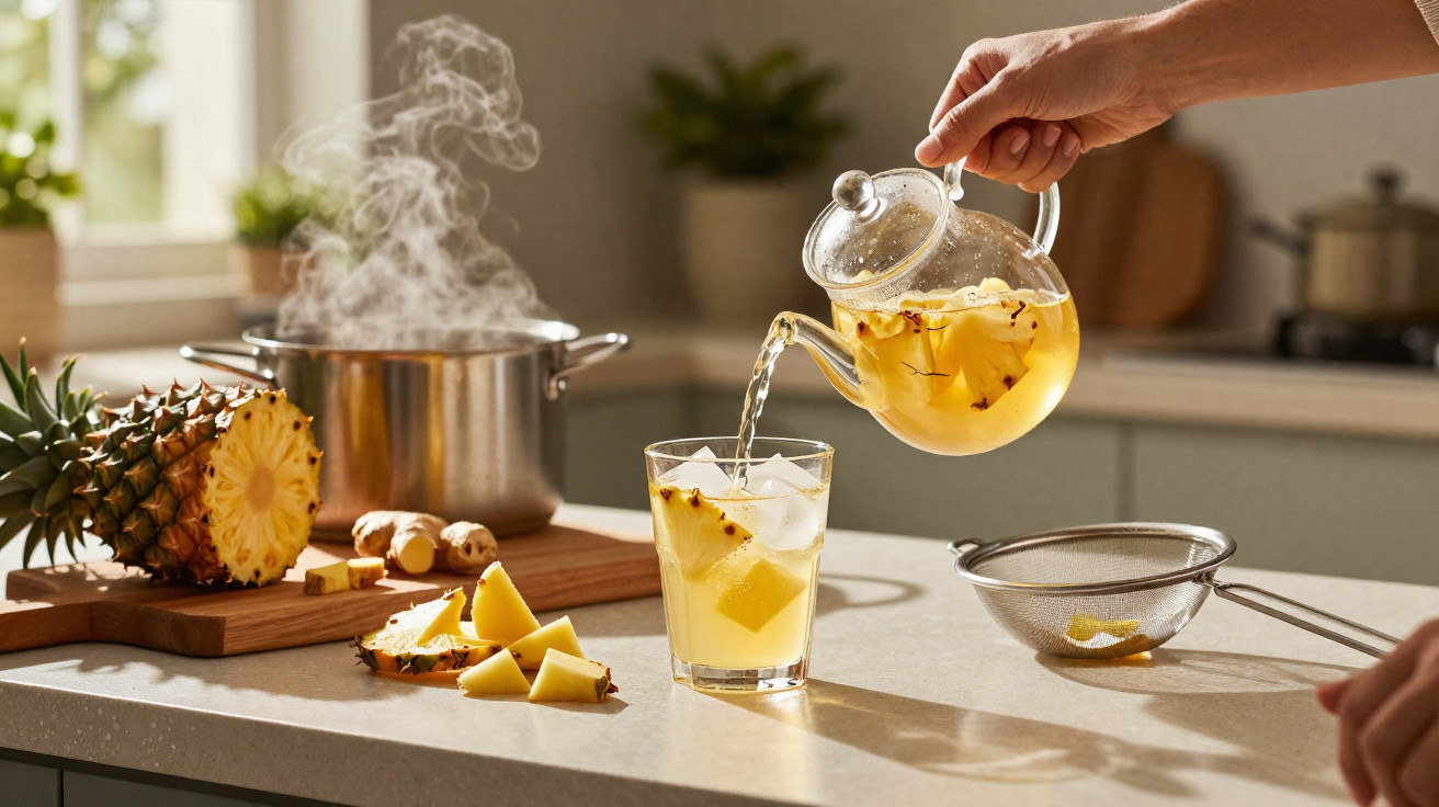 Pessoa a servir chá quente de ananás num copo com gelo numa cozinha luminosa.