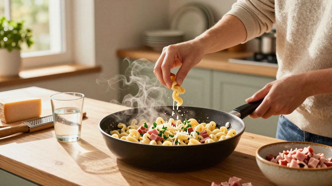 Pessoa a cozinhar massa com fiambre e a polvilhar com queijo ralado numa frigideira fumegante.