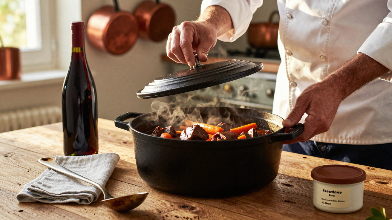 Chef a levantar tampa de caçarola de ferro com ensopado fumegante e garrafa de vinho ao lado numa cozinha.