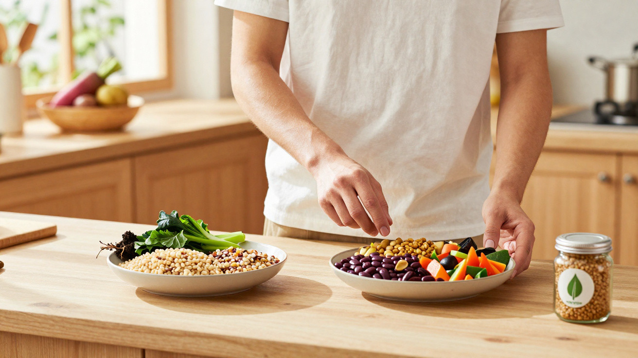 Pessoa a preparar duas saladas com feijão, legumes e vegetais numa bancada de cozinha em madeira clara.