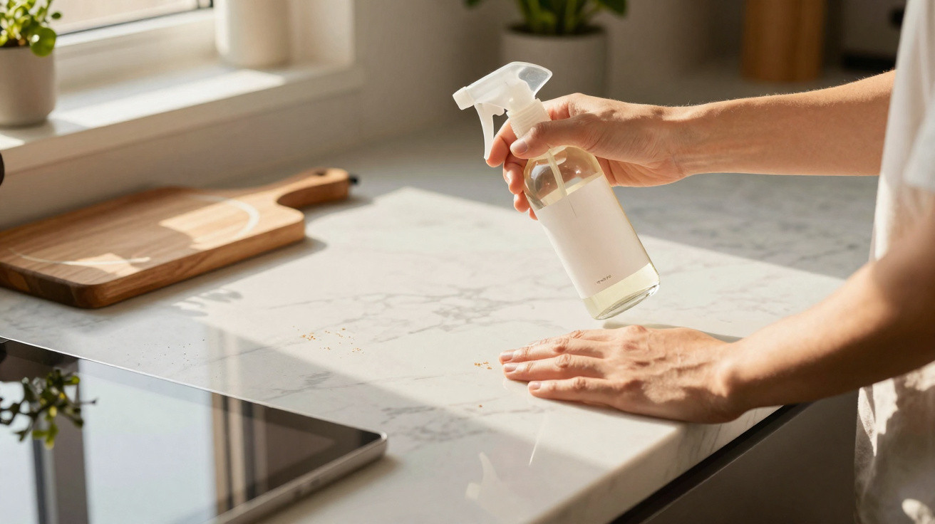 Pessoa a limpar bancada de cozinha branca com spray de limpeza transparente.