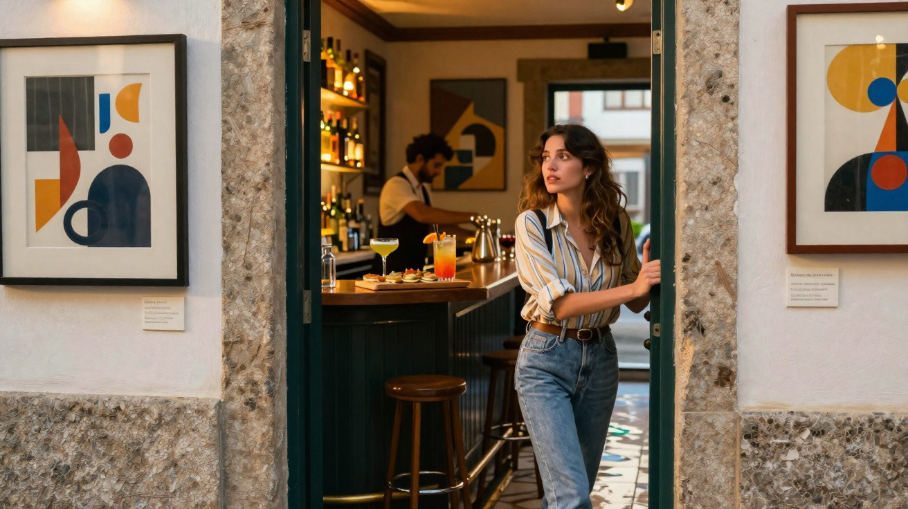 Mulher sai de bar com decoração moderna e drinks sobre balcão, com bartender ao fundo.