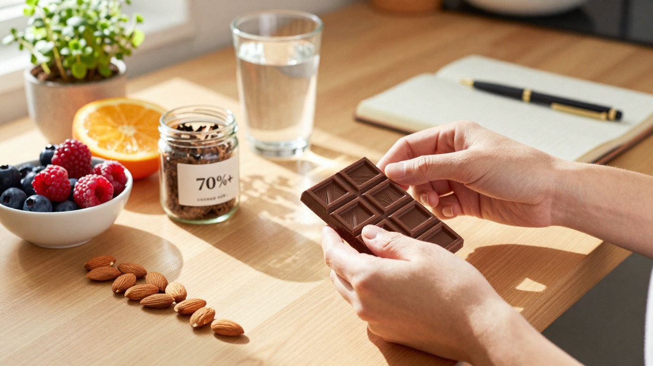 Mãos seguram chocolate negro junto a frutos vermelhos, amêndoas, um copo de água e um caderno numa mesa de madeira.