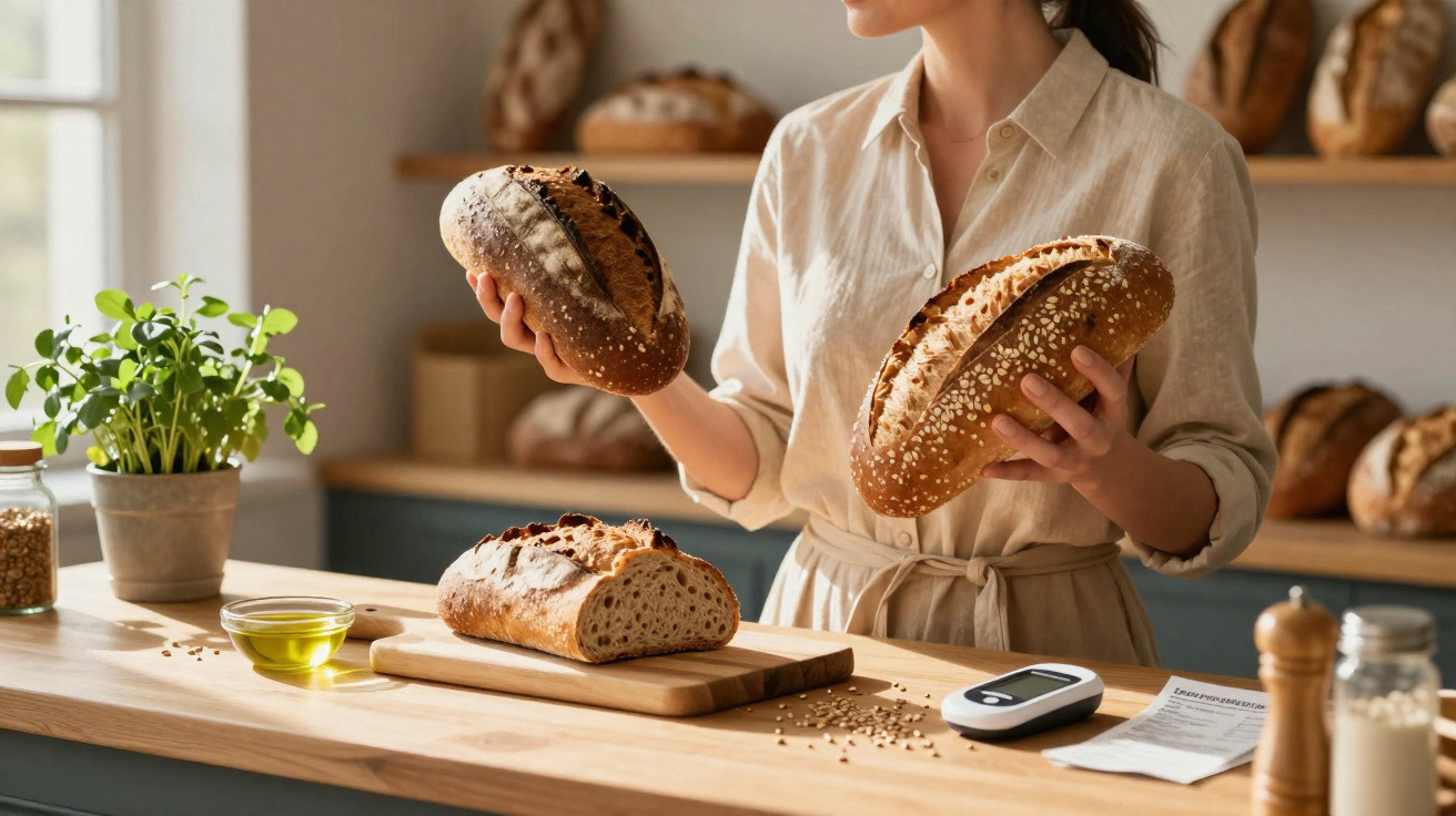 Mulher a segurar dois pães diferentes numa cozinha, com mais pão, plantas e equipamento à sua frente.