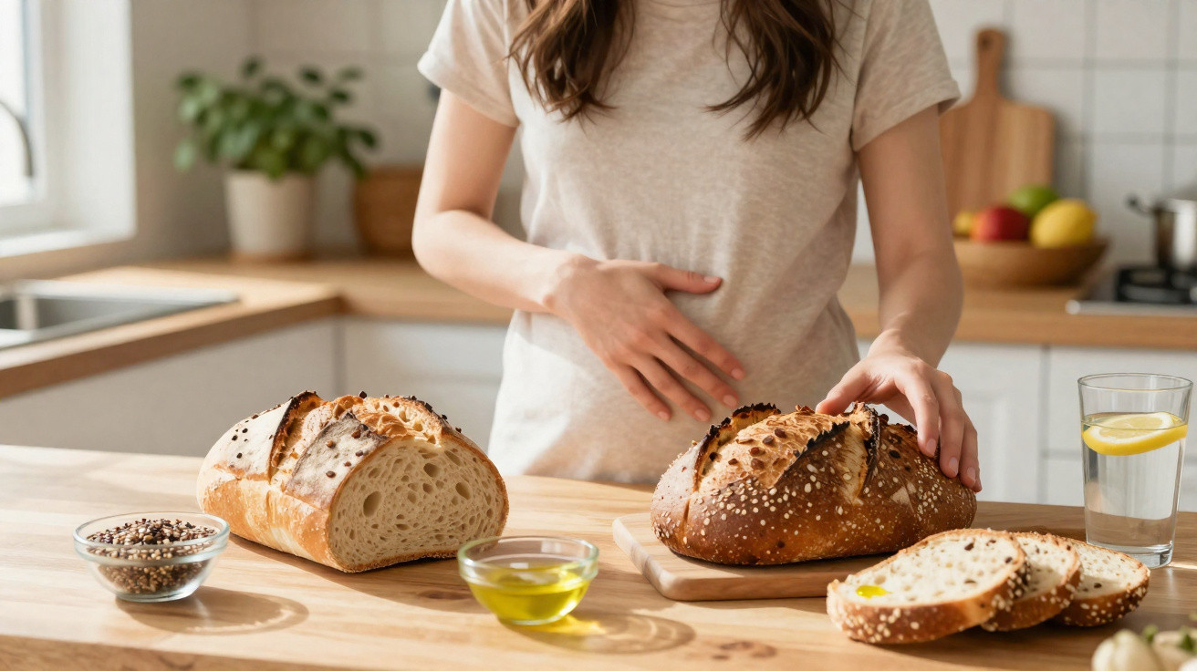 Mulher de camisa bege com mão na barriga e duas variedades de pão caseiro numa bancada de cozinha.