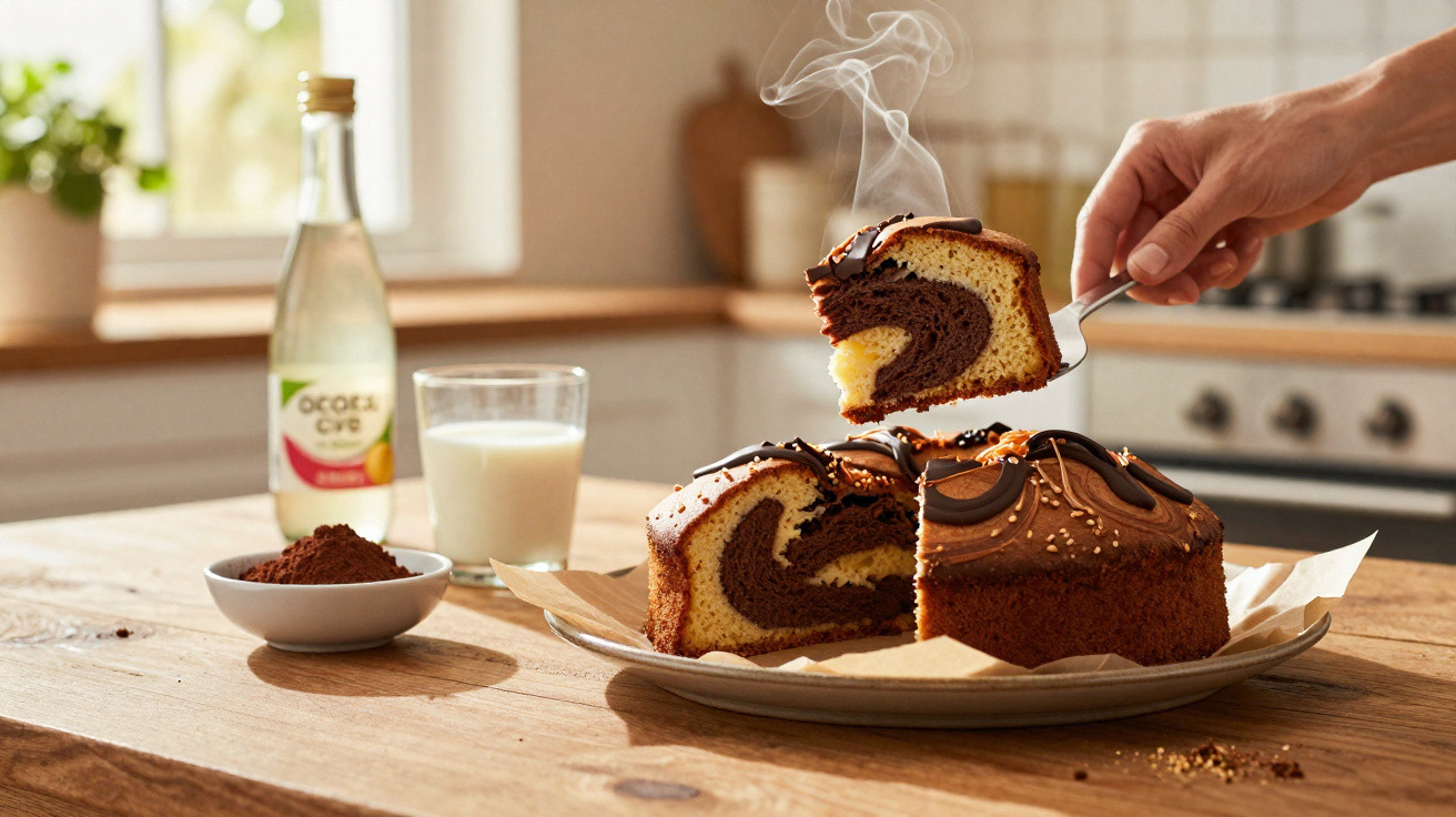 Fatia de bolo marmoreado com cobertura de chocolate a ser servida numa cozinha com leite e cacau na mesa.