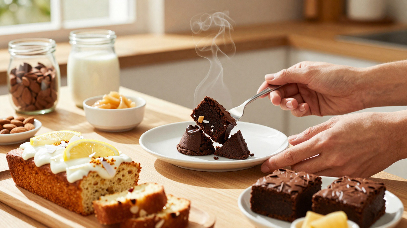 Mãos seguram garfo com pedaço de bolo de chocolate quente, com bolos variados e ingredientes numa bancada.