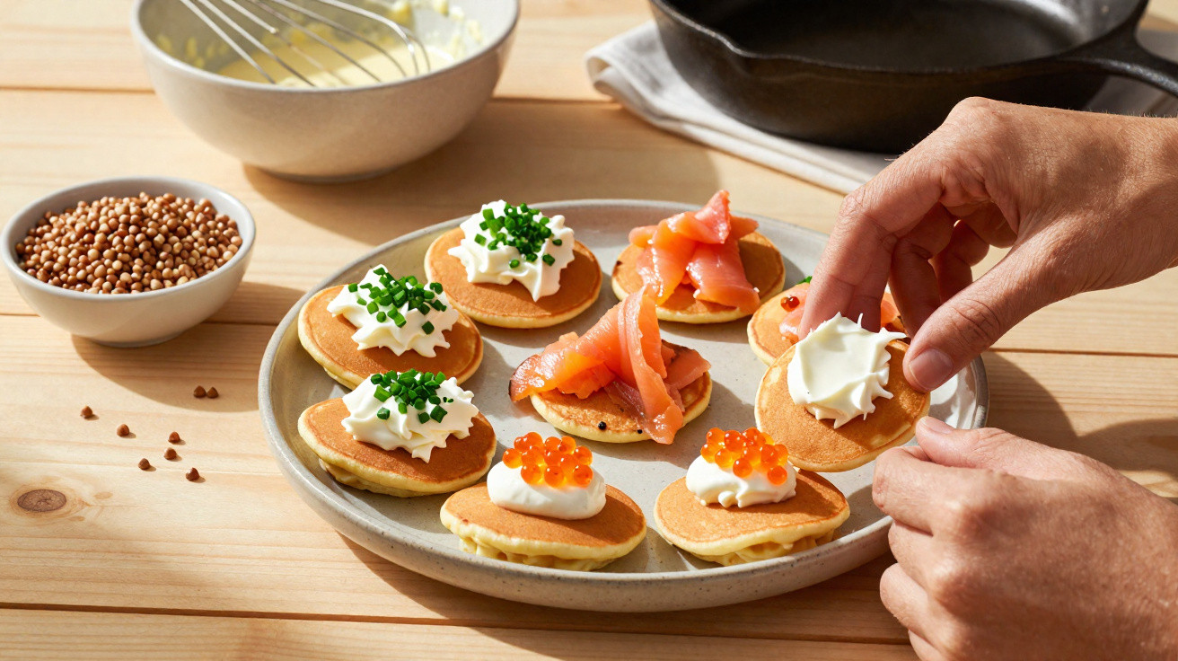 Mãos a decorar mini panquecas com creme, cebolinho, ovas e salmão fumado num prato cinzento.