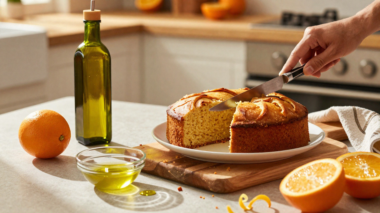 Pessoa a cortar bolo de laranja numa cozinha com laranja, azeite e toalha ao fundo.
