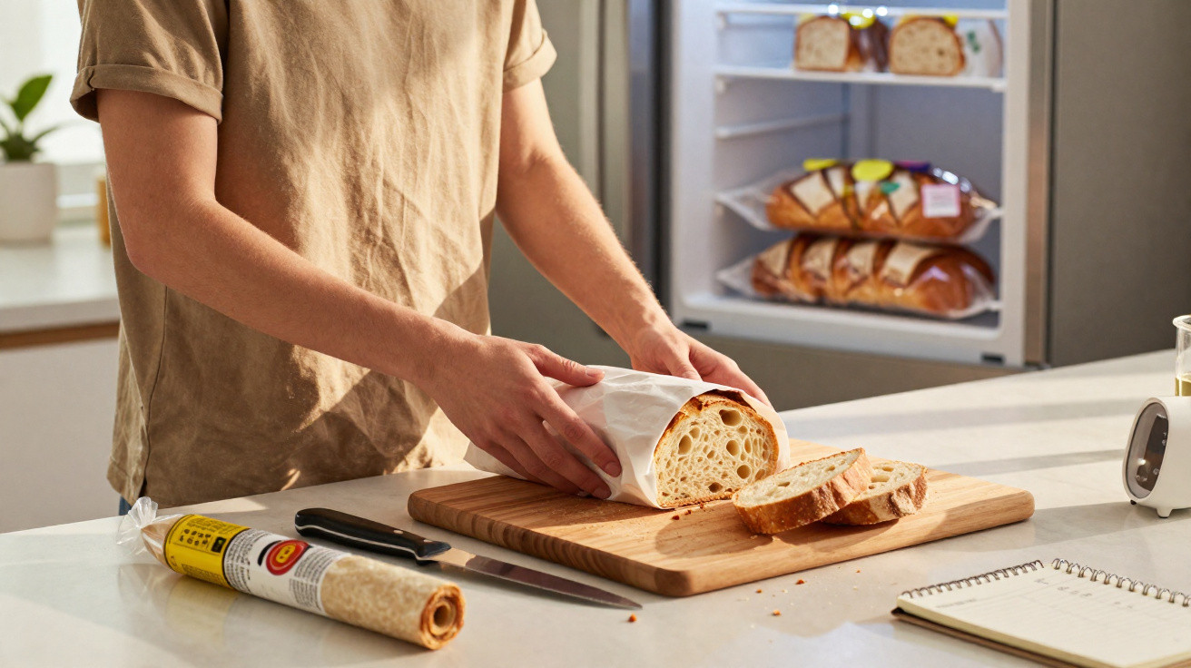 Pessoa a desembrulhar pão fresco sobre tábua de madeira numa cozinha moderna com frigorífico ao fundo.