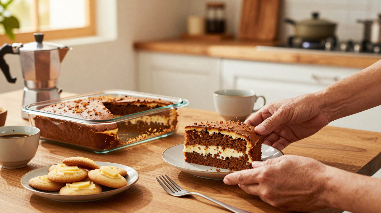 Pessoa a servir fatia de bolo de chocolate com recheio cremoso numa cozinha iluminada natural.