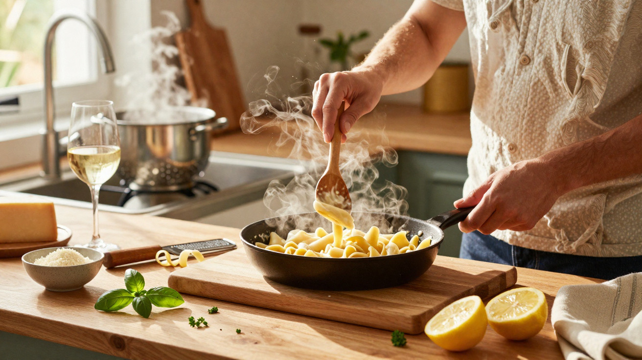 Pessoa a cozinhar massa numa frigideira num ambiente de cozinha iluminado e acolhedor.