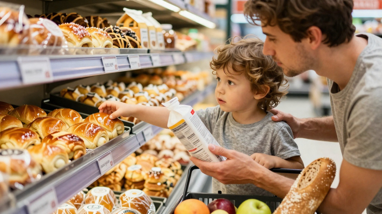 Pai e filho em supermercado a escolher pão na secção de padaria, carrinho com fruta e pão.