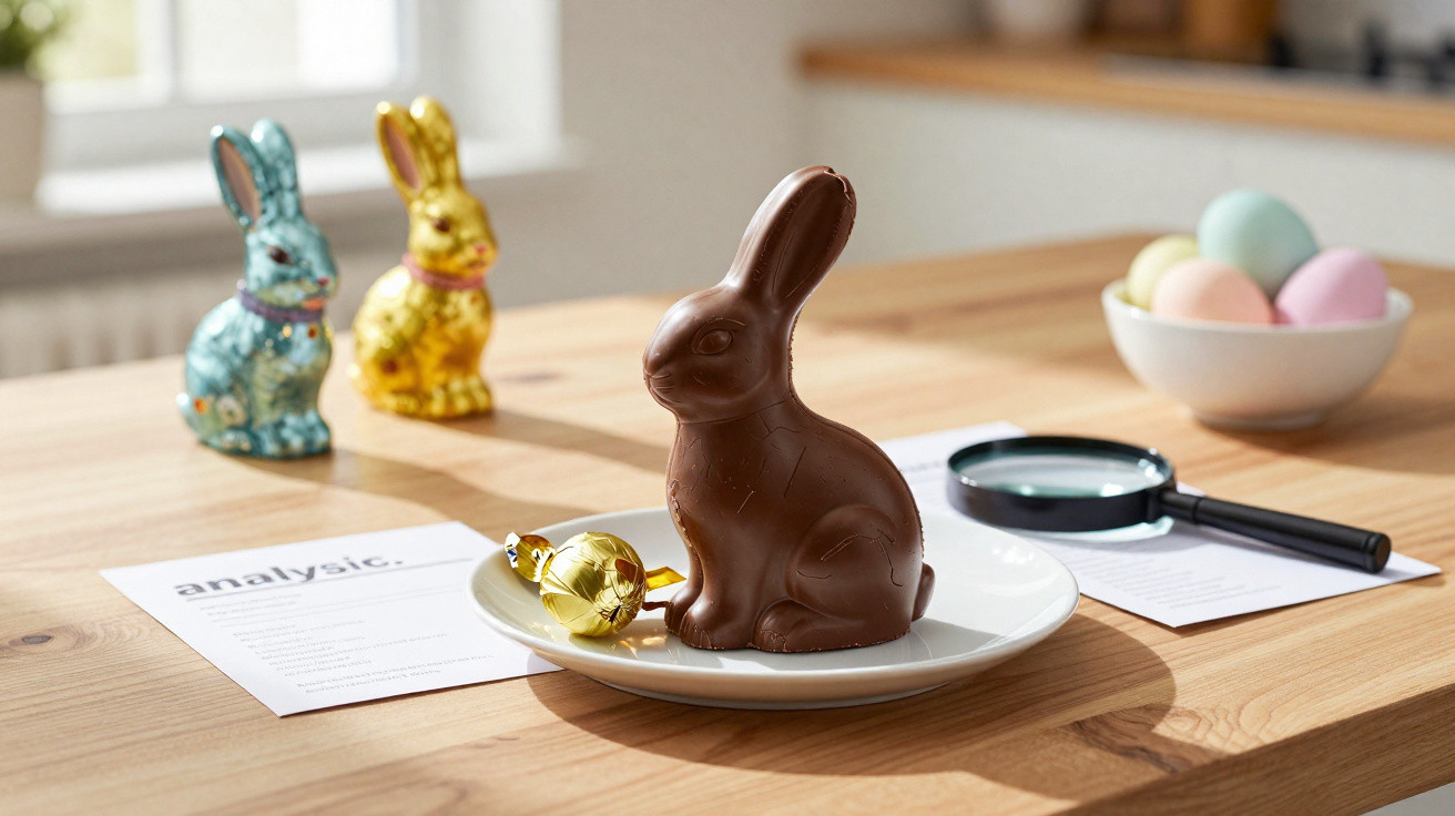 Coelho de chocolate e ovo dourado numa prato, com coelhos metalizados e ovos de páscoa coloridos ao fundo.