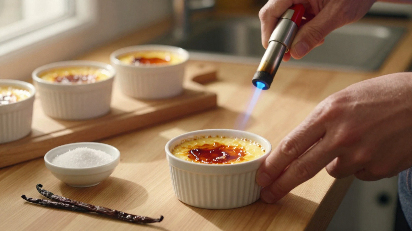 Mãos a preparar crème brûlée, a queimar o açúcar sobre a sobremesa com maçarico de cozinha.