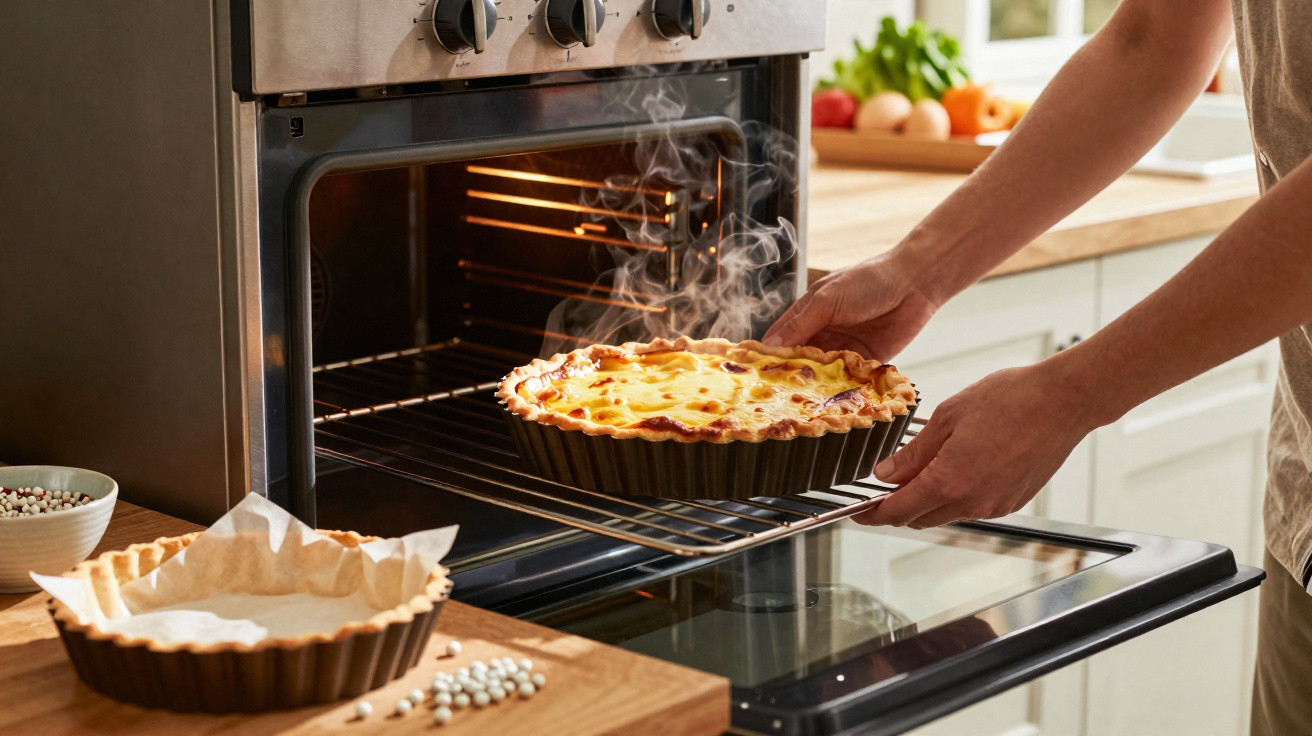 Pessoa a retirar do forno uma tarte acabada de assar, com vapor a sair e forma para tarte aberta na bancada.