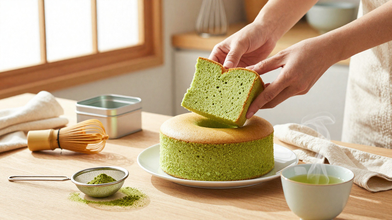 Bolo fofo verde feito com chá matcha, fatia a ser levantada por mãos, chá verde fumegante e utensílios de chá numa mesa.